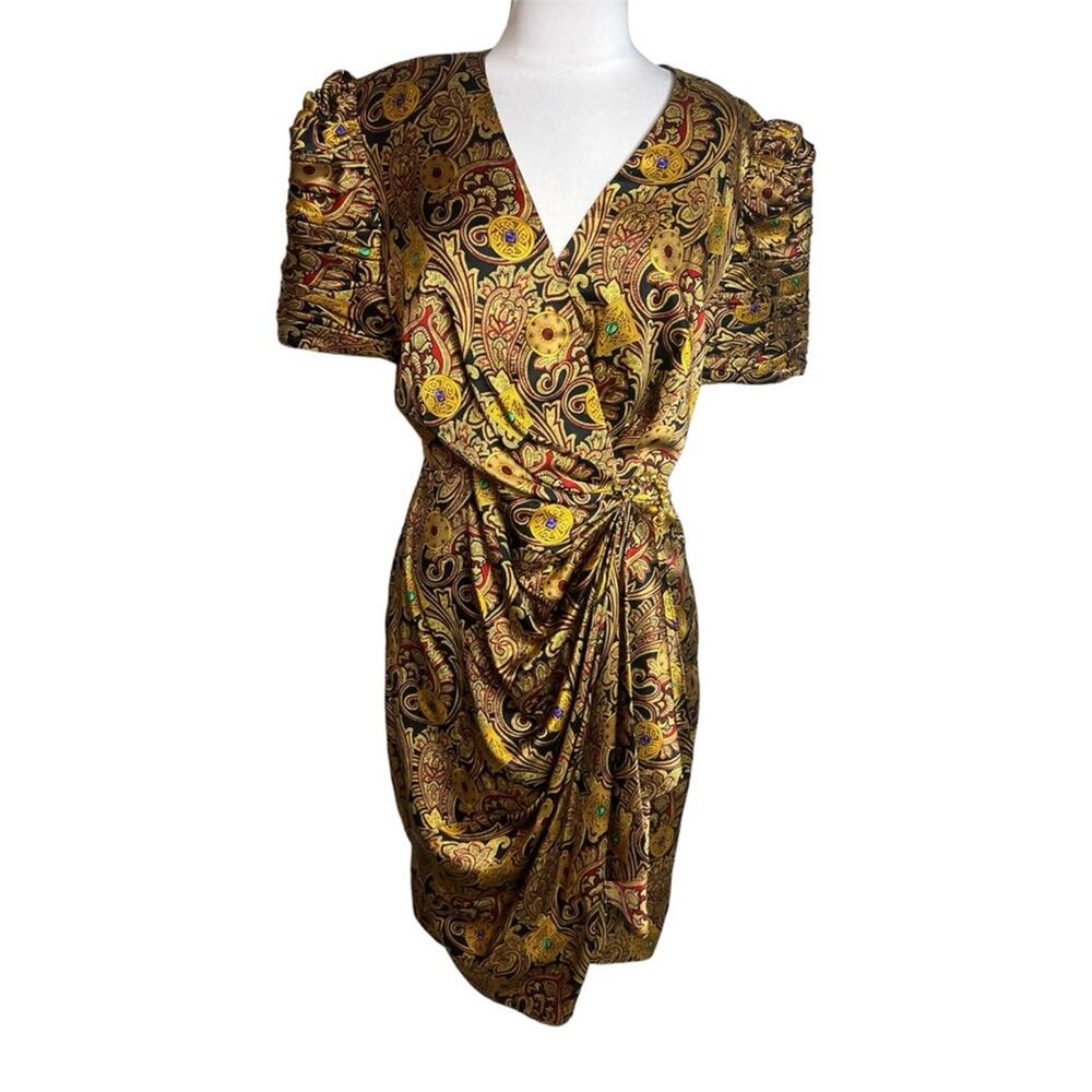 Vintage Richard Warren silk faux wrap structured gold buckle dress baroque